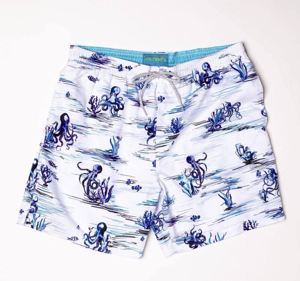 Michael's Swimwear Mens “Octopi” Swim Trunks Blue/White Mesh Lined - XL - NWT